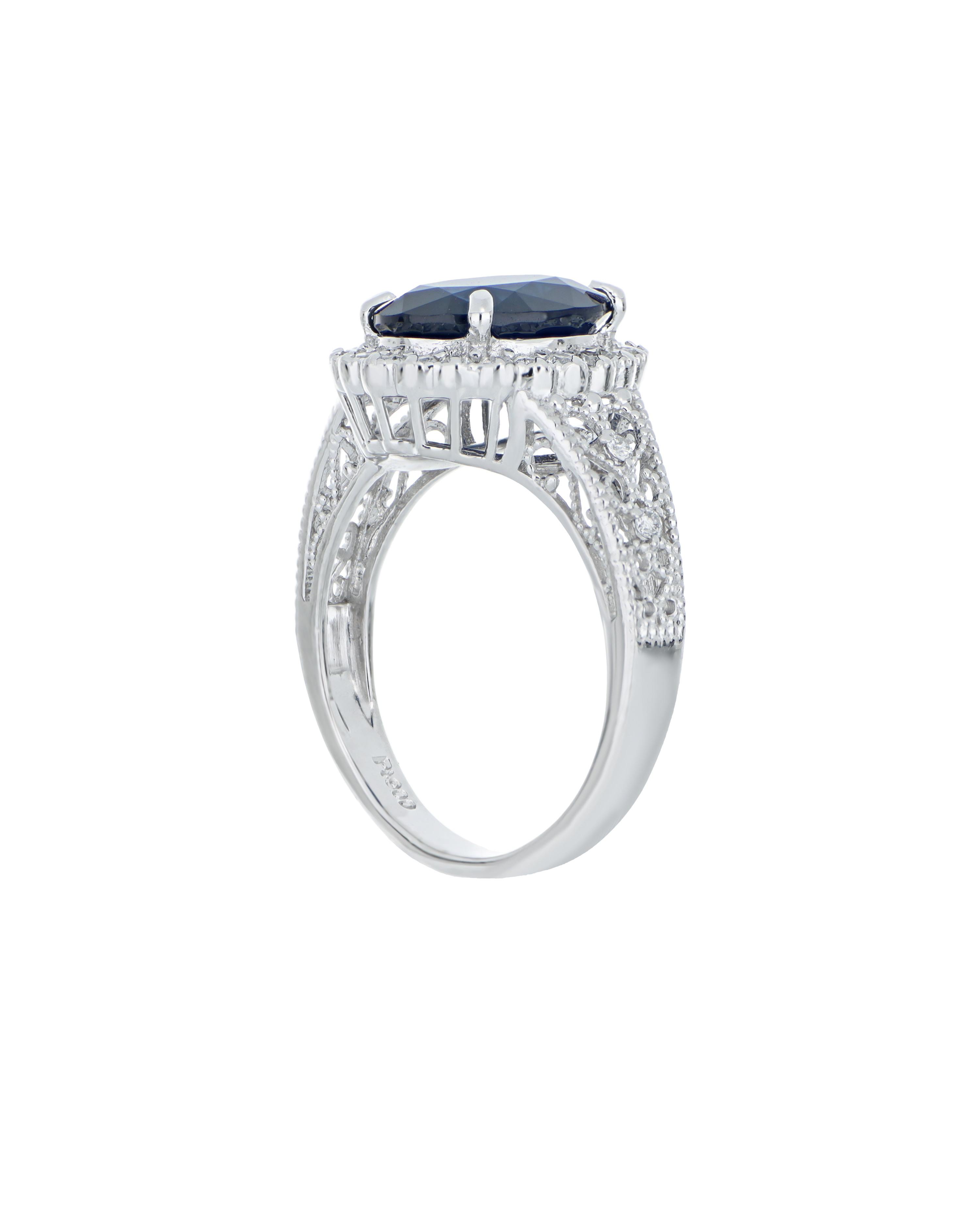 Blue Sapphire Platinum Ring With Diamond Halo