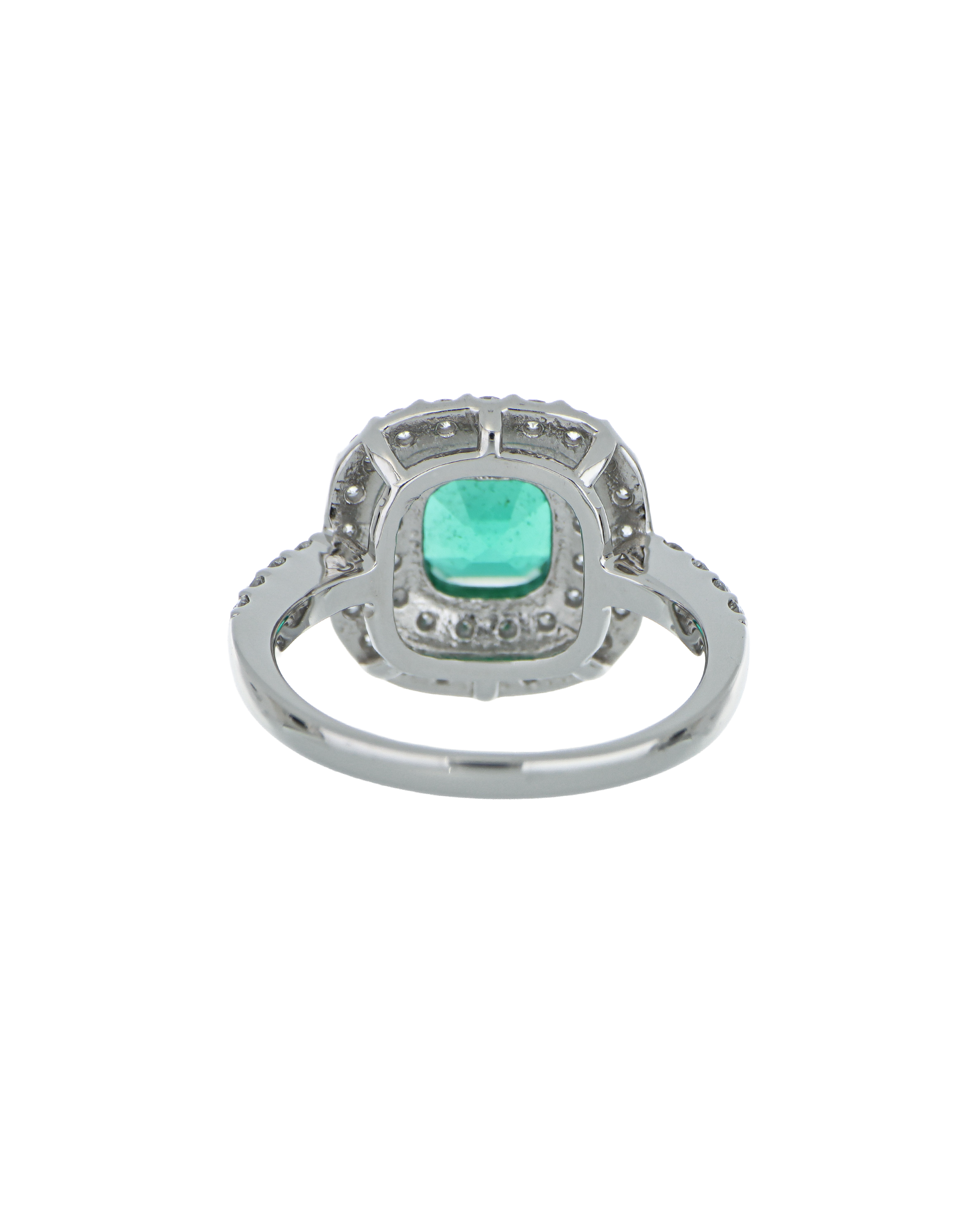 Designer Emerald Platinum Ring With Twin Diamond Frame