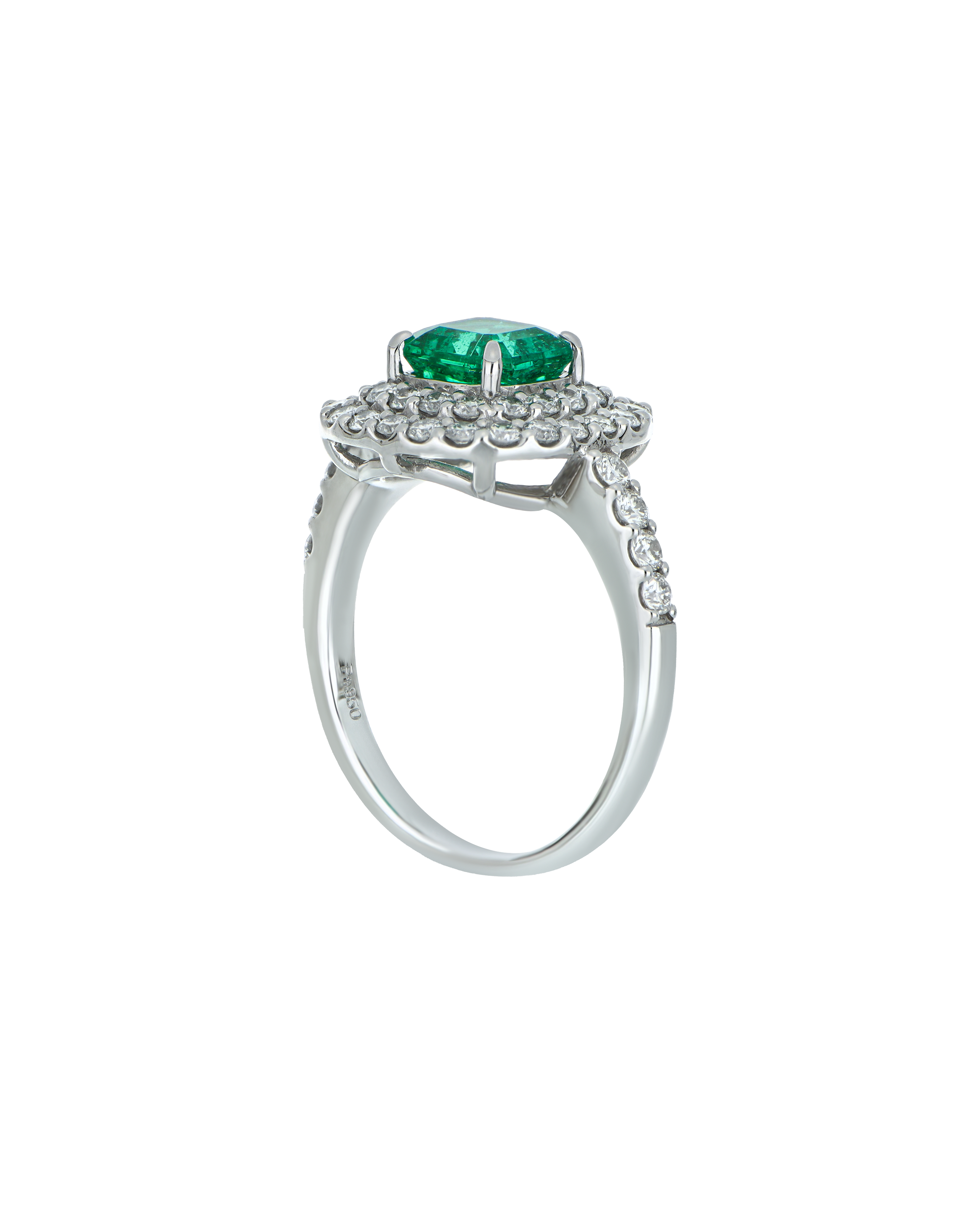 Designer Emerald Platinum Ring With Twin Diamond Frame