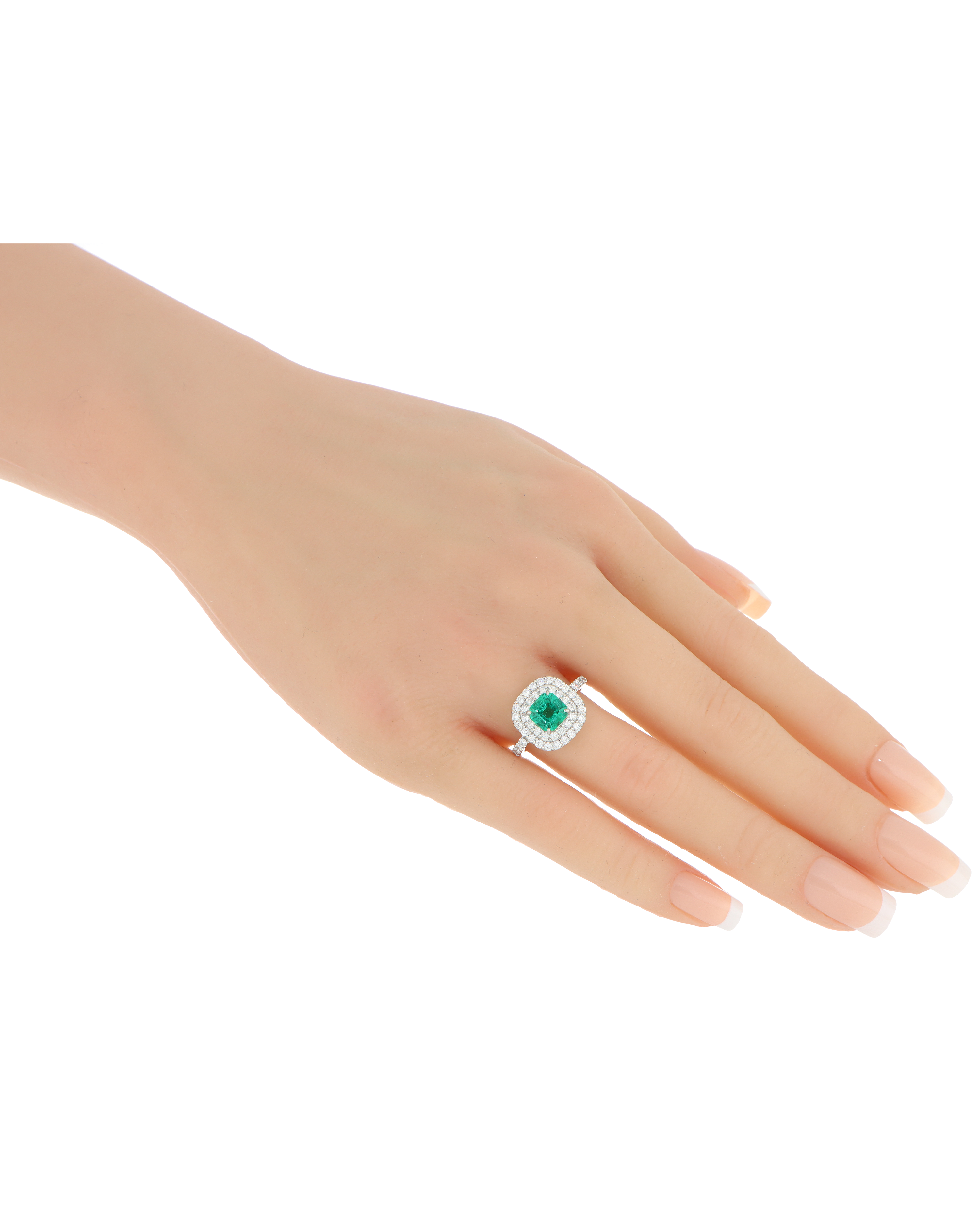 Designer Emerald Platinum Ring With Twin Diamond Frame