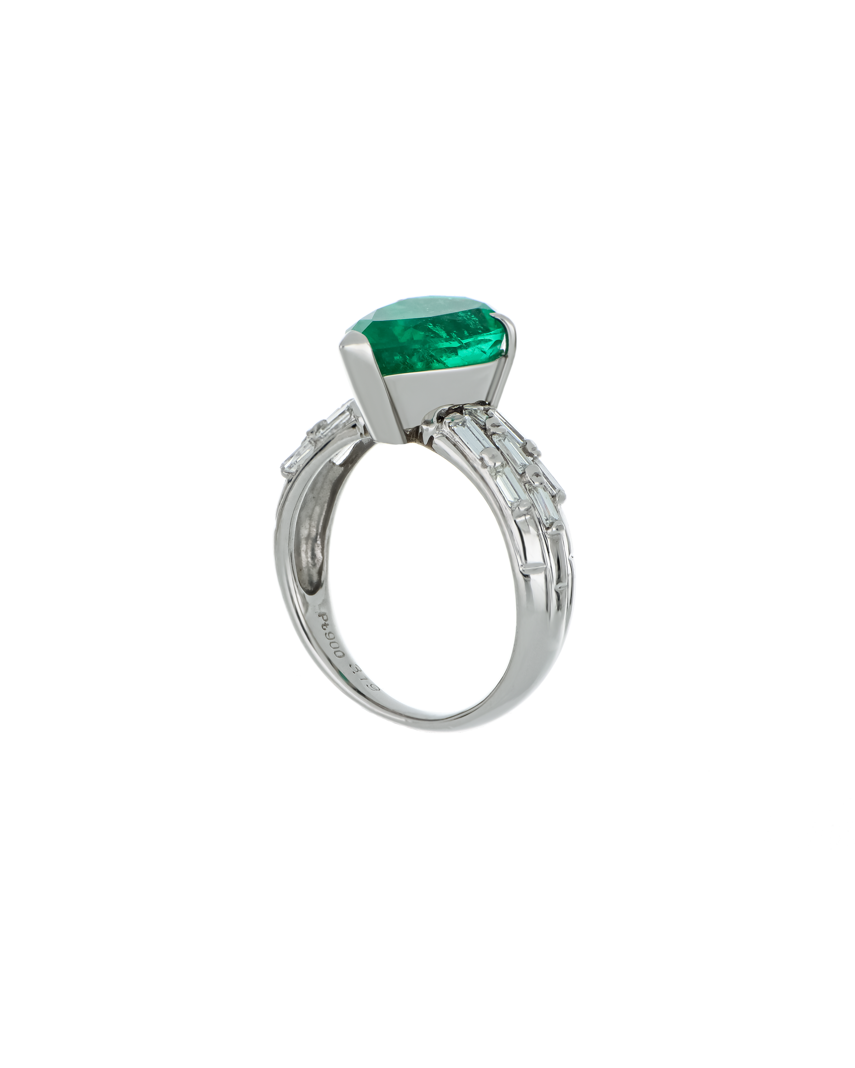 Natural Emerald Ring with Baguette Diamond Accents