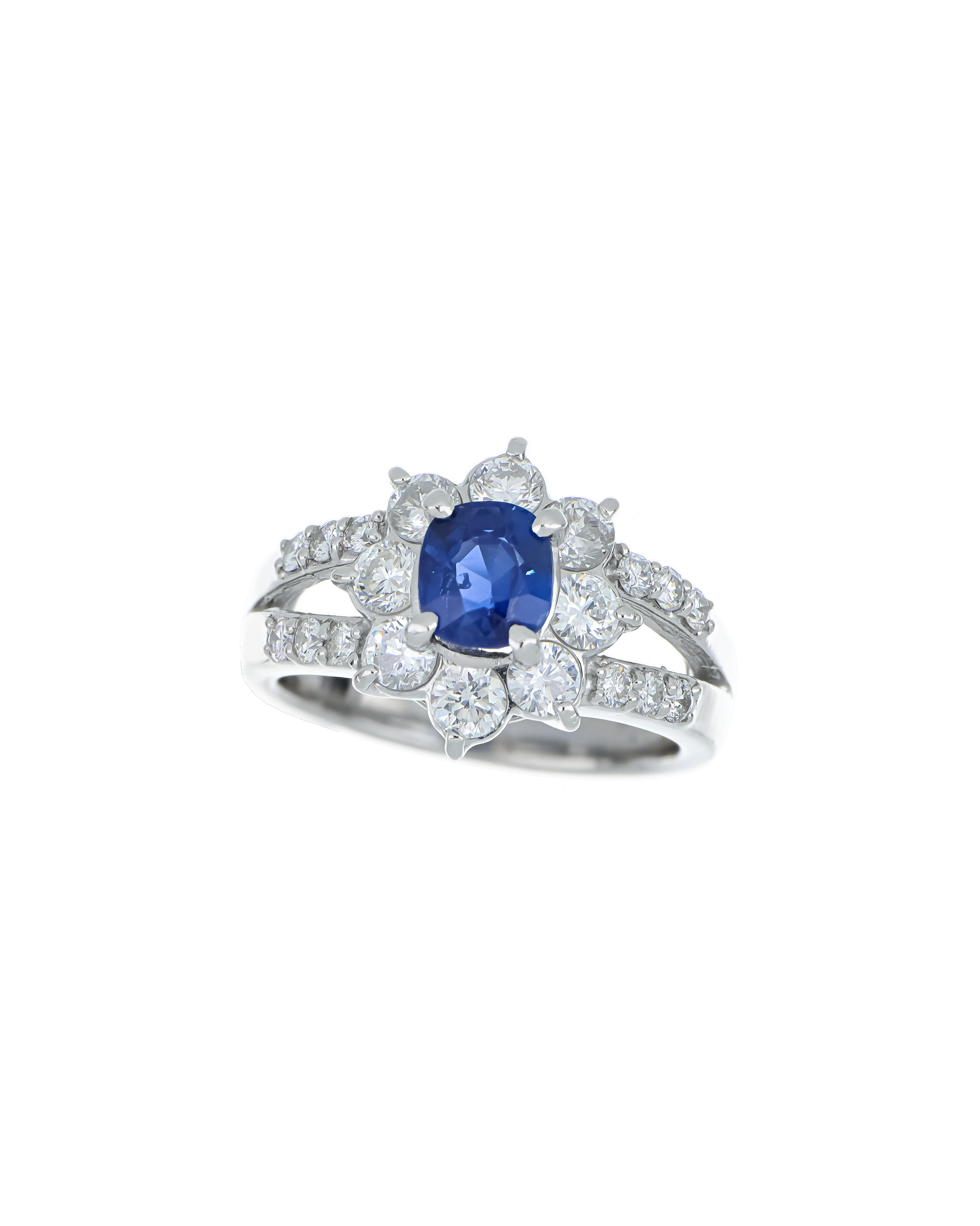 Blue Sapphire Blossom Ring With Diamond Detailing