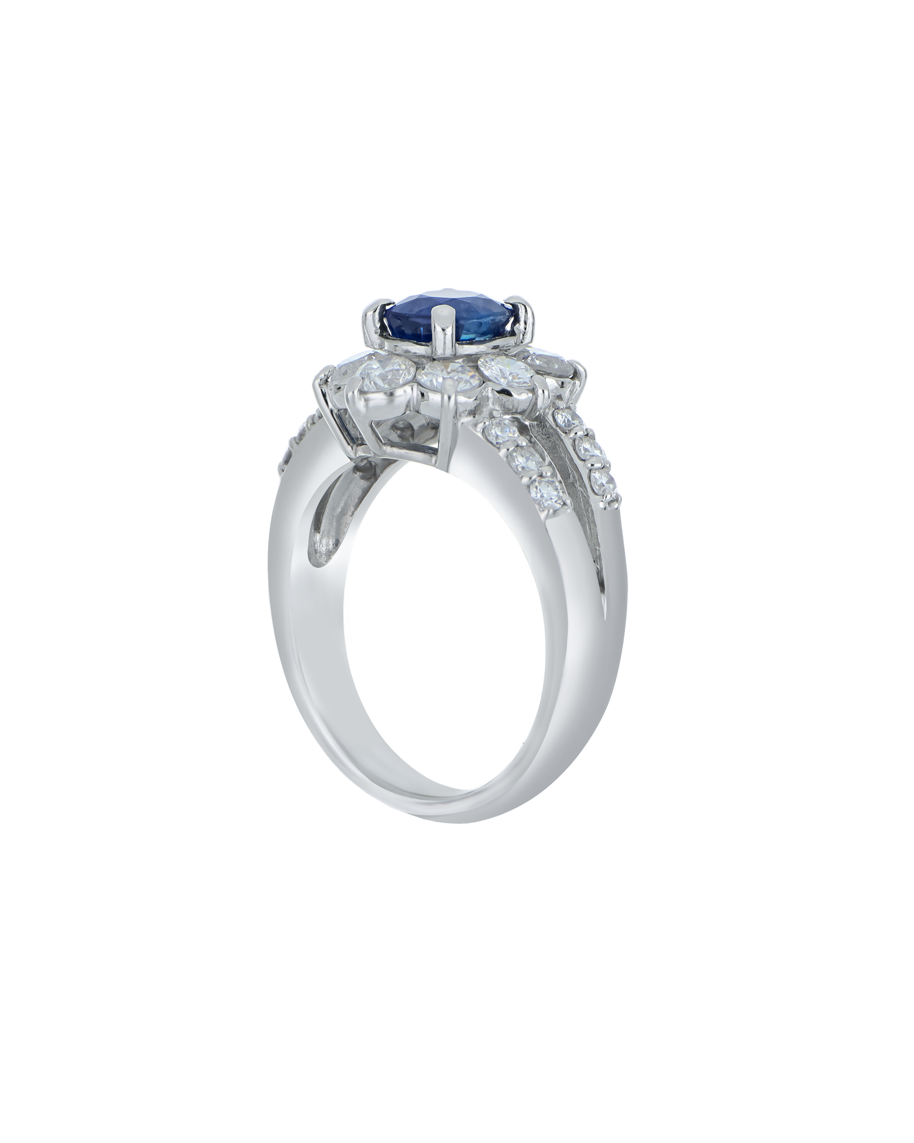 Blue Sapphire Blossom Ring With Diamond Detailing