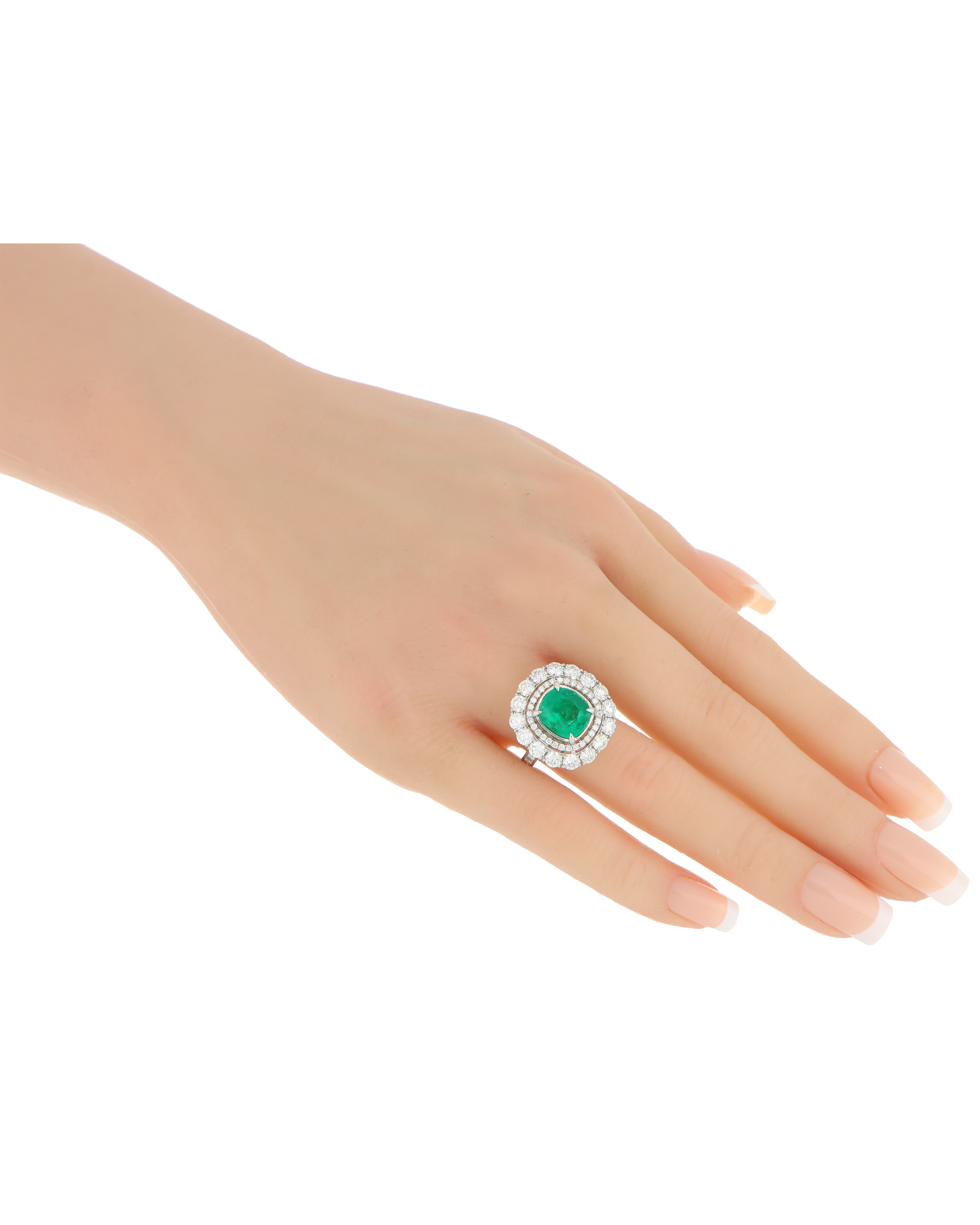 Columbian Emerald Ring With Double Diamond Cluster