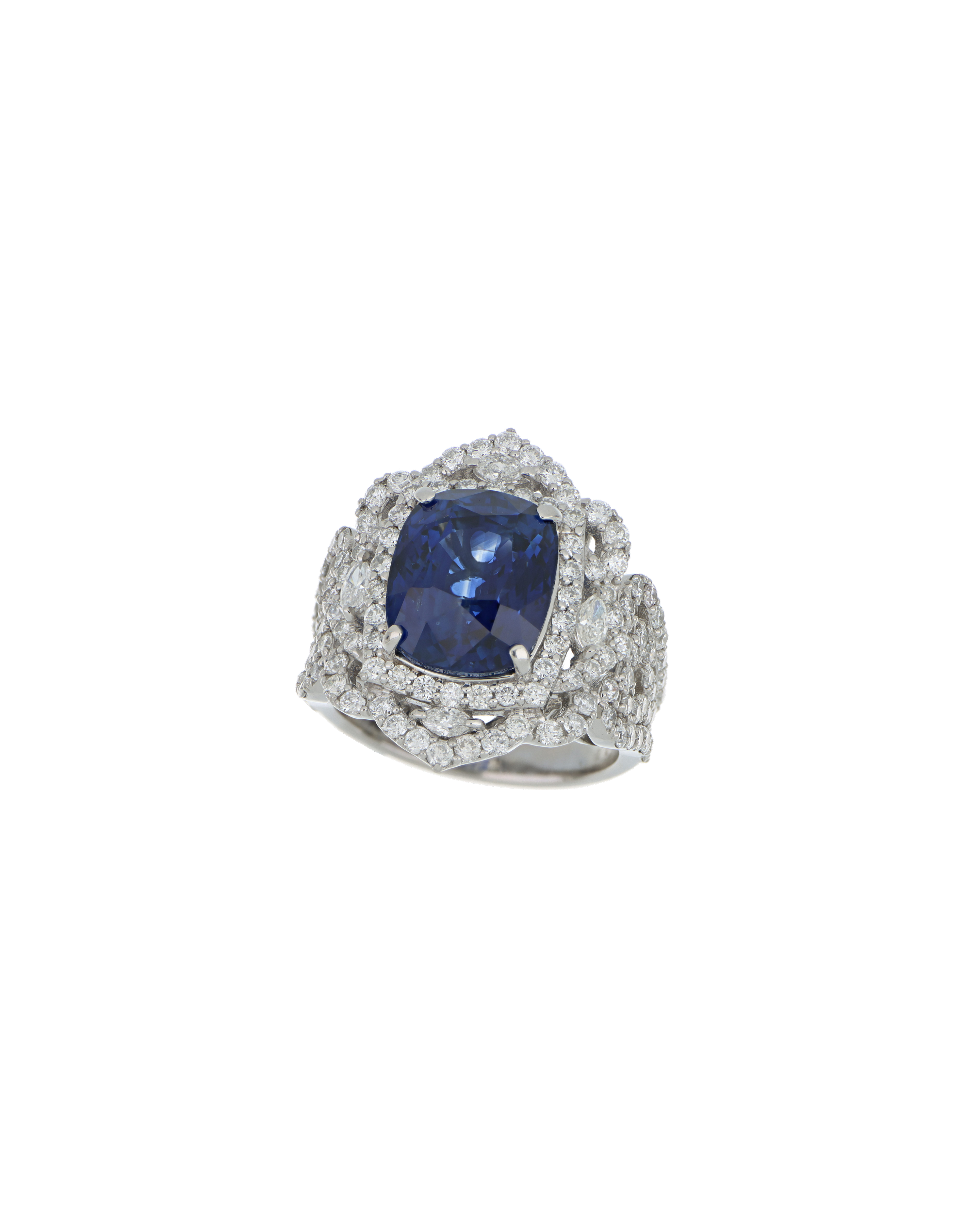 40173: Platinum 950  Blue Sapphire Ring  Cushion-Cut with Diamond Accents