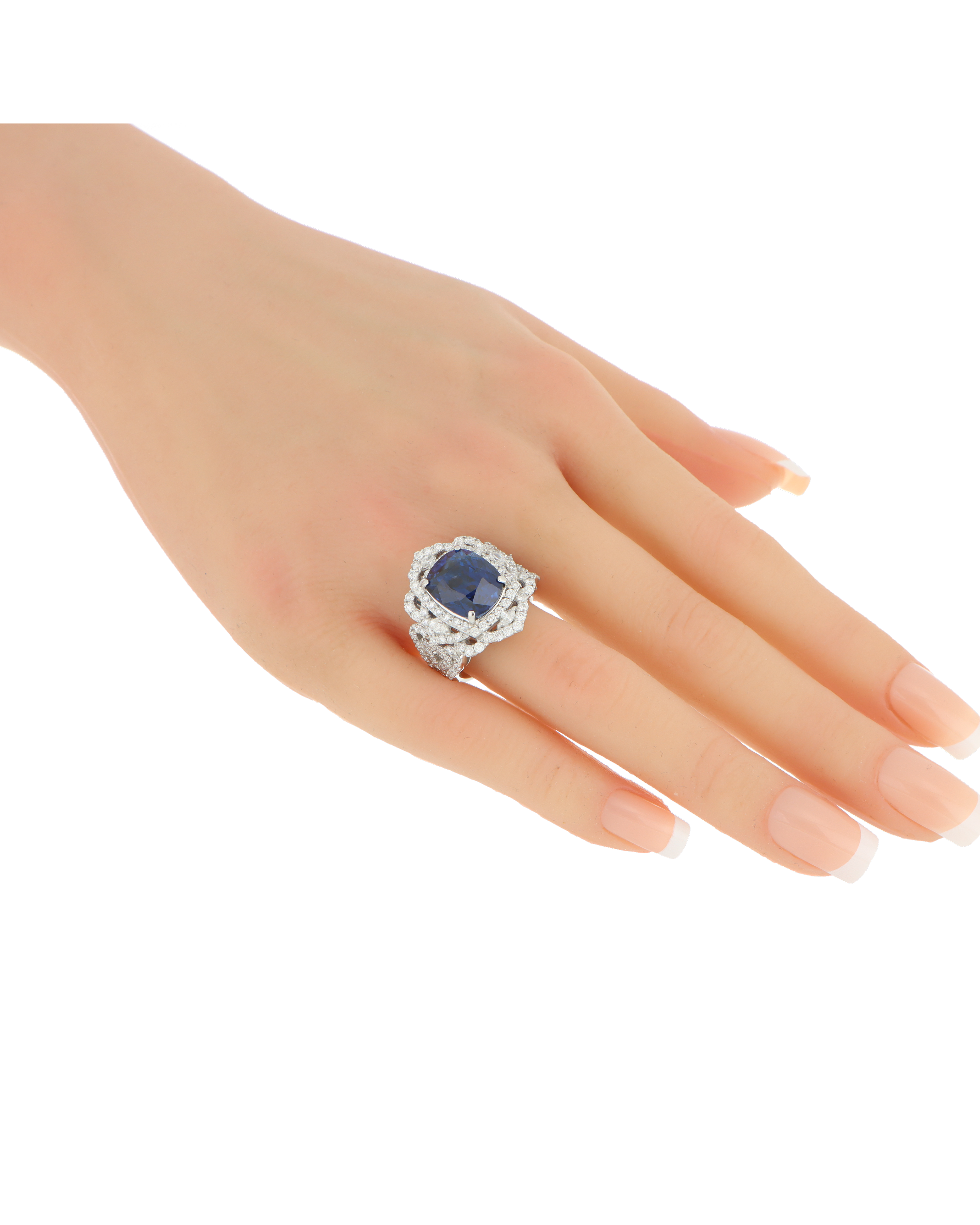 40173: Platinum 950  Blue Sapphire Ring  Cushion-Cut with Diamond Accents