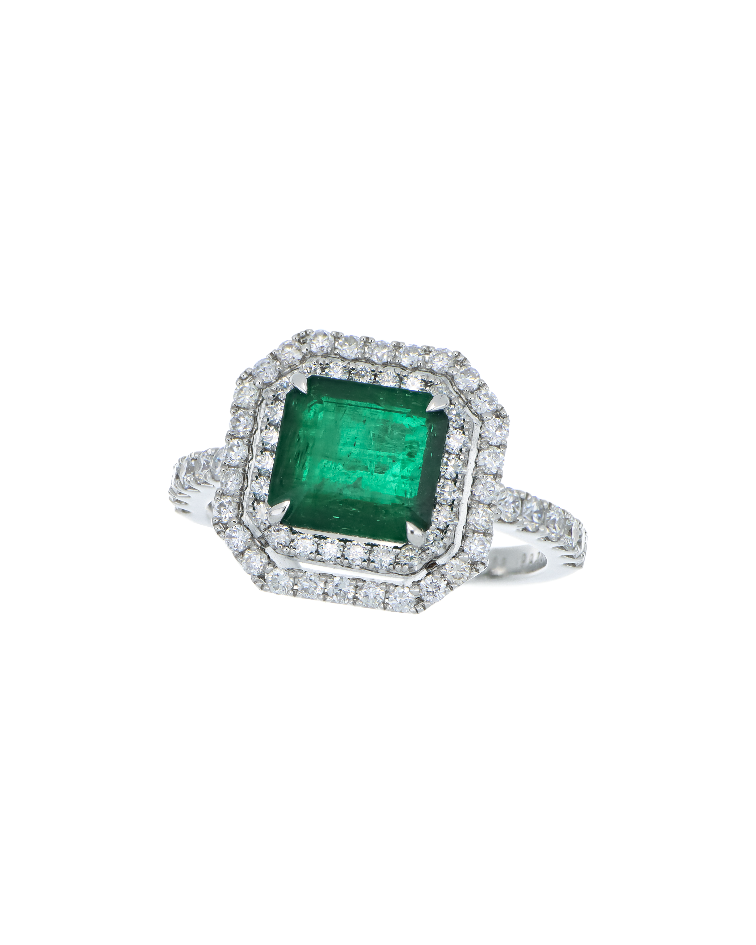 Octagonal Emerald Ring with Double Diamond Halo