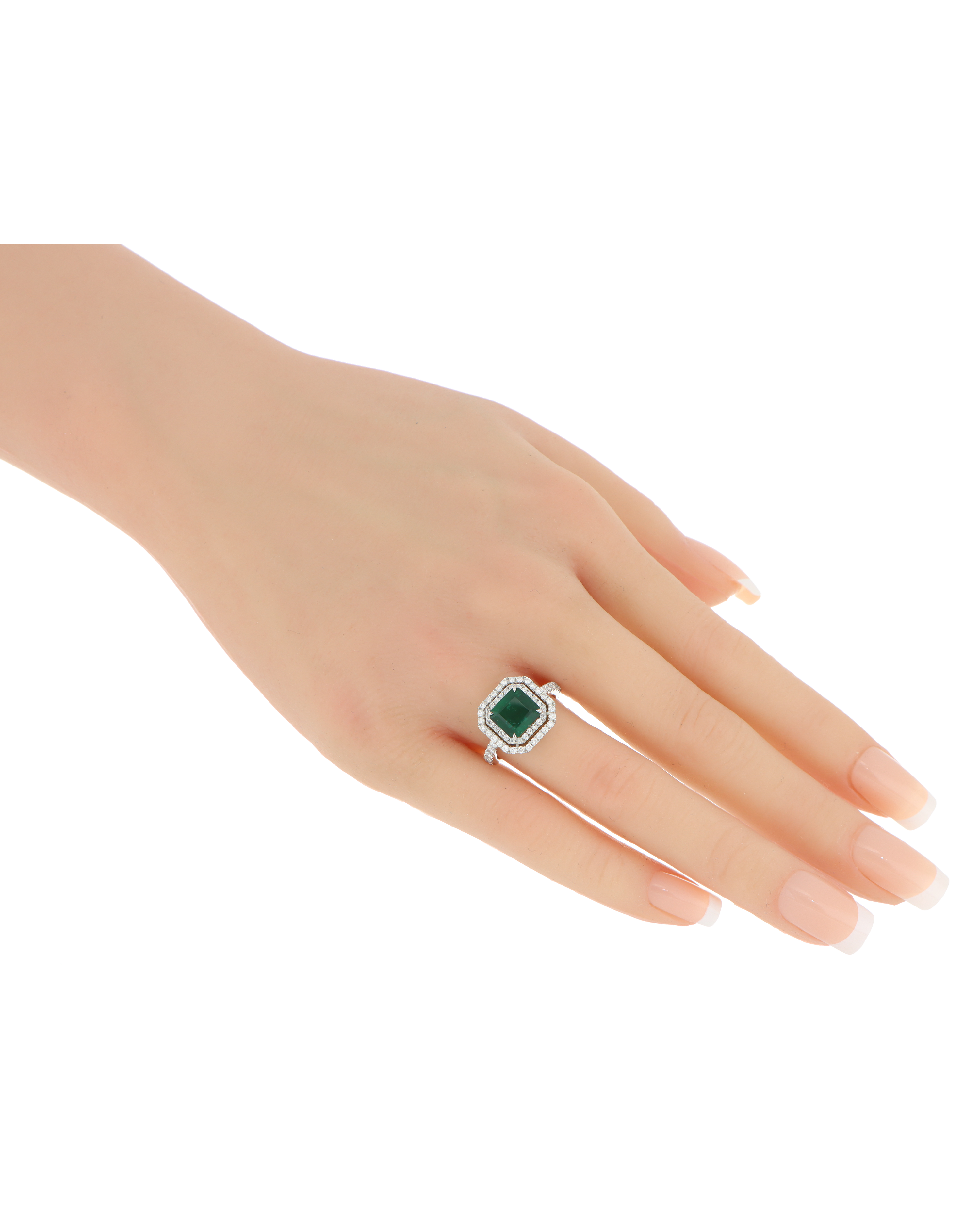 Octagonal Emerald Ring with Double Diamond Halo