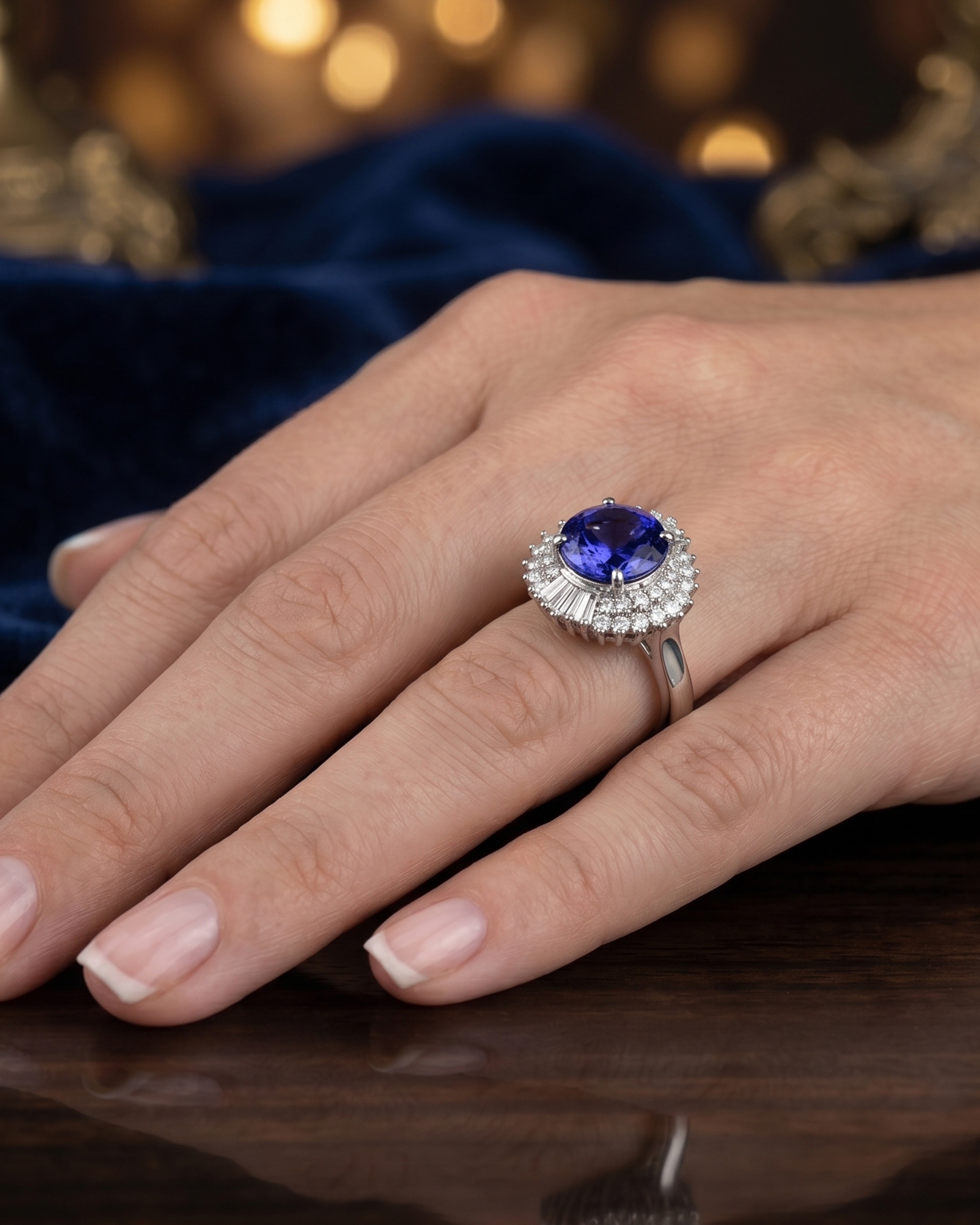 Tanzanite Platinum Cluster Ring In Oval-Cut