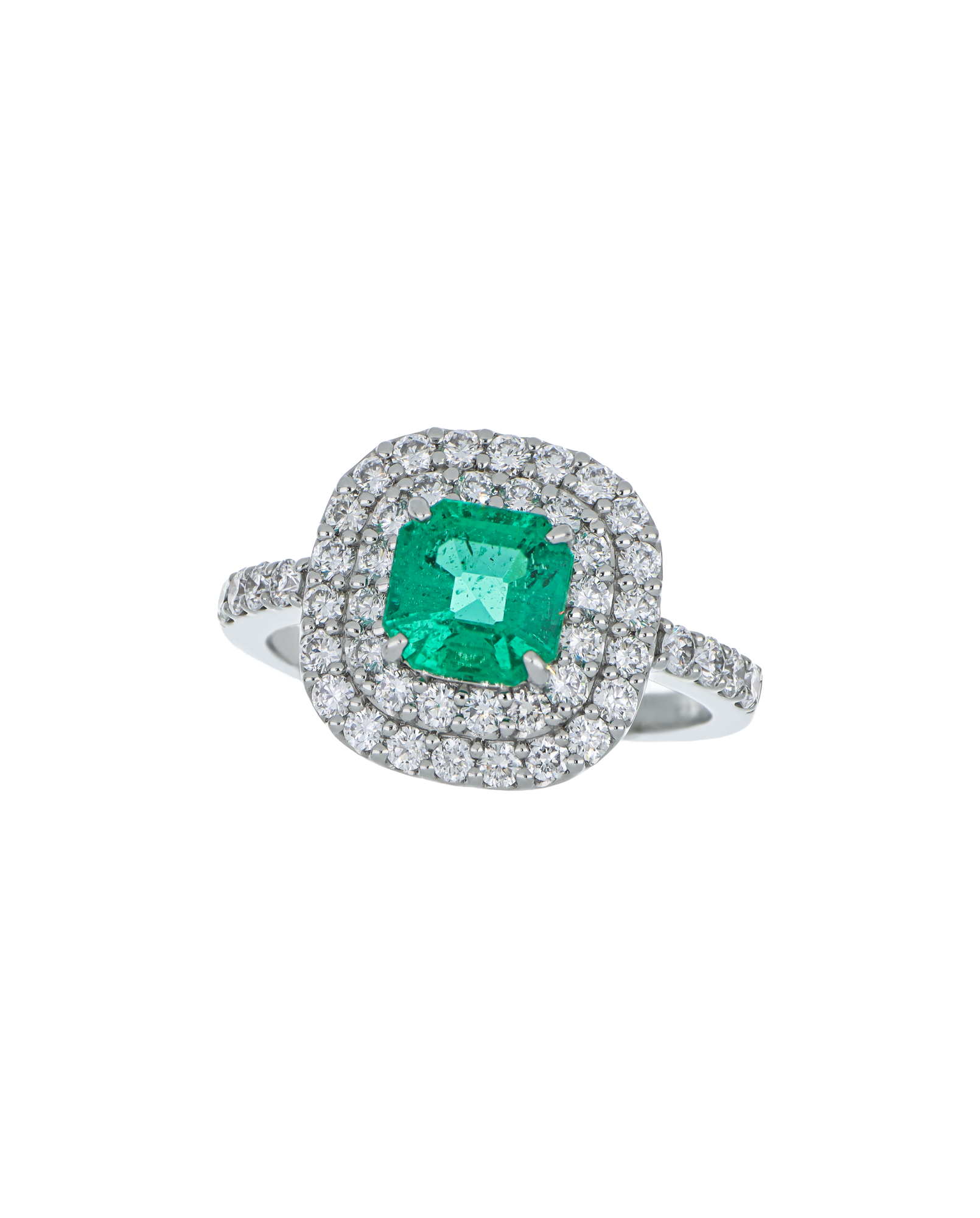 Designer Emerald Platinum Ring With Twin Diamond Frame