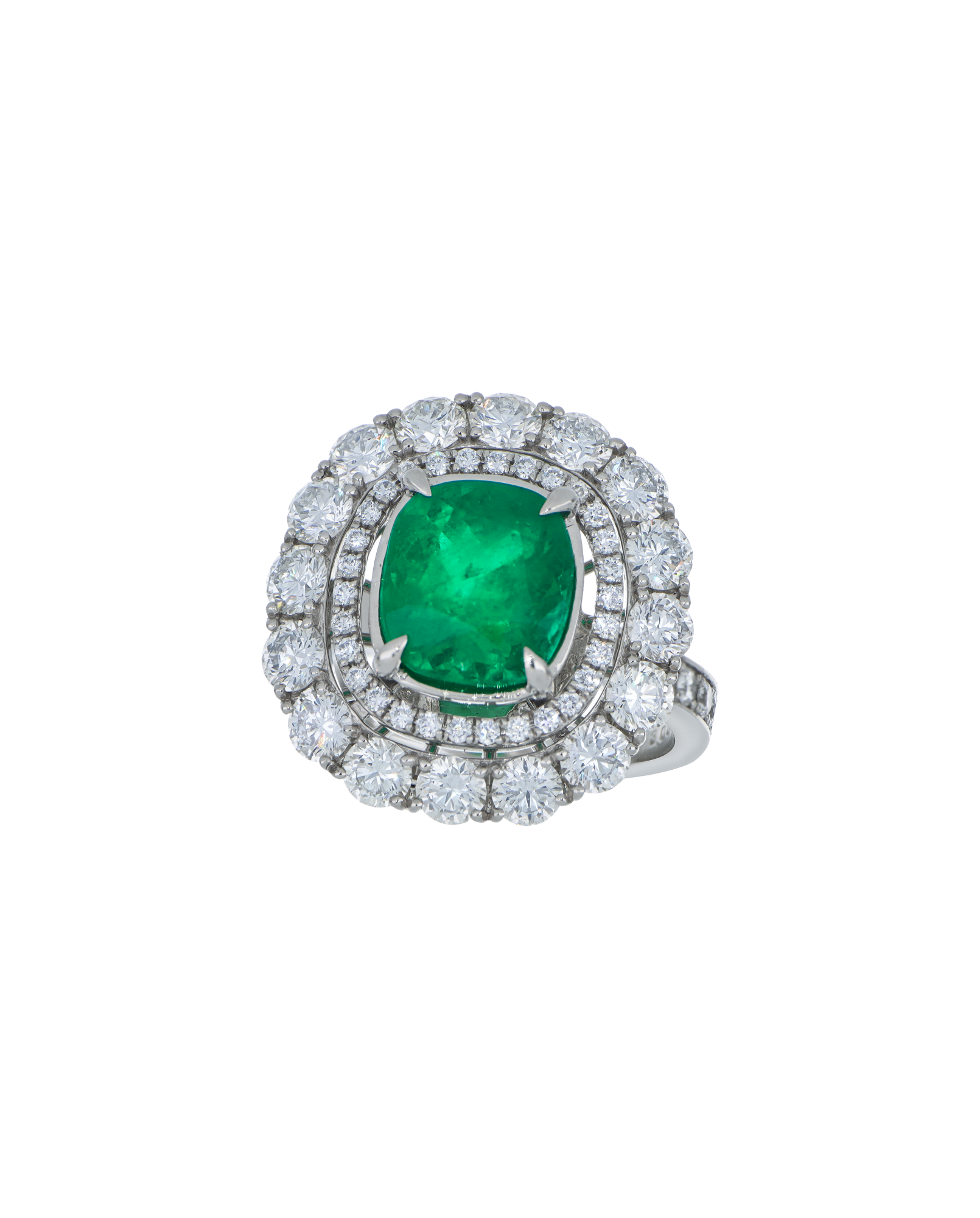 Columbian Emerald Ring With Double Diamond Cluster