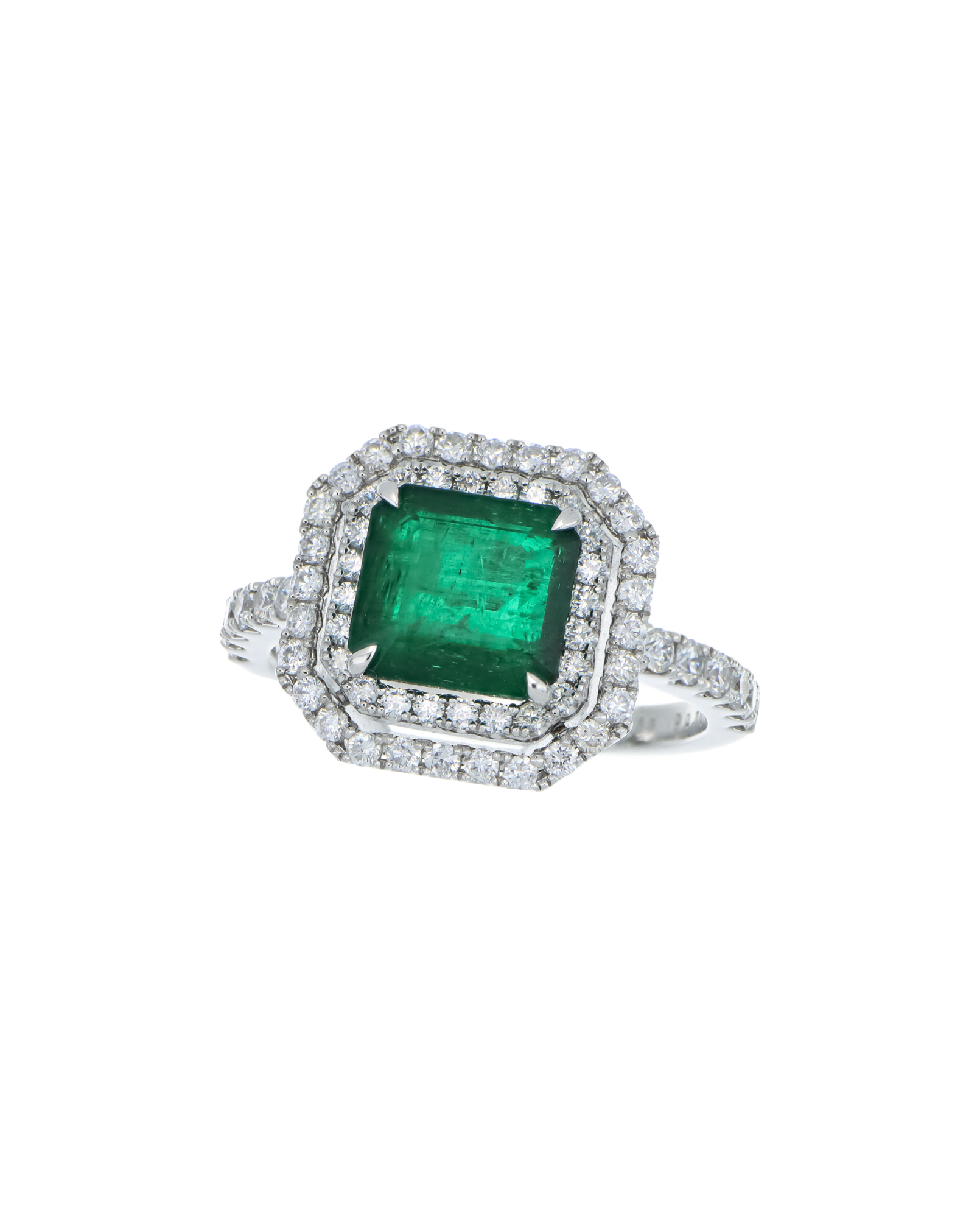 Octagonal Emerald Ring with Double Diamond Halo