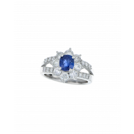 Blue Sapphire Blossom Ring With Diamond Detailing
