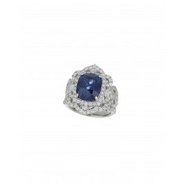 40173: Platinum 950  Blue Sapphire Ring  Cushion-Cut with Diamond Accents