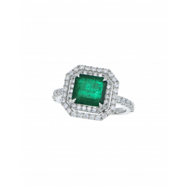 Octagonal Emerald Ring with Double Diamond Halo