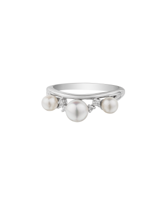 Platinum Akoya Baby Pearl Three-Stone Ring - Round Pearls