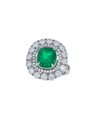 Columbian Emerald Ring With Double Diamond Cluster