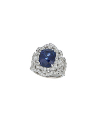 40173: Platinum 950  Blue Sapphire Ring  Cushion-Cut with Diamond Accents